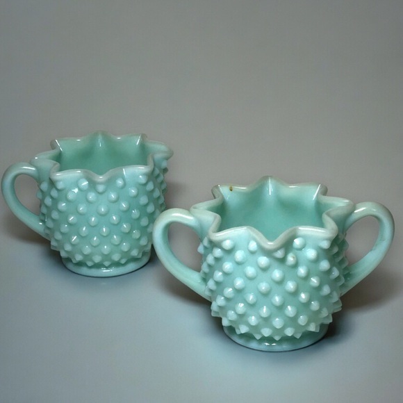 Fenton Pastel Green Hobnail Cream Sugar Set Antique - Picture 1 of 8